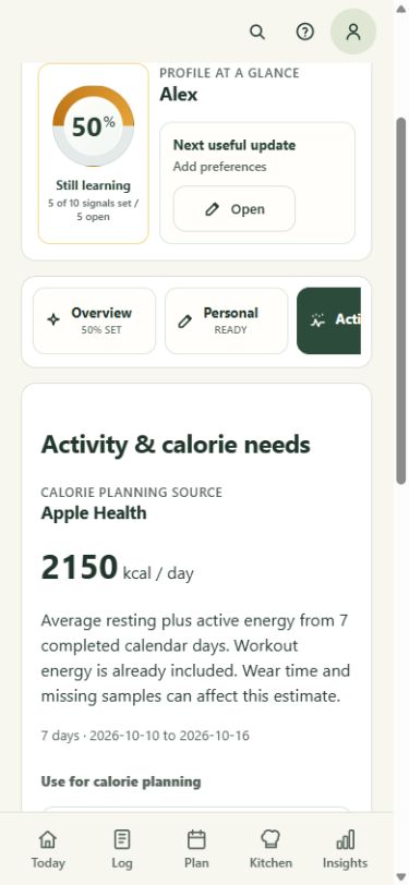 Activity and calorie needs showing Apple Health as the source and an average from seven completed days