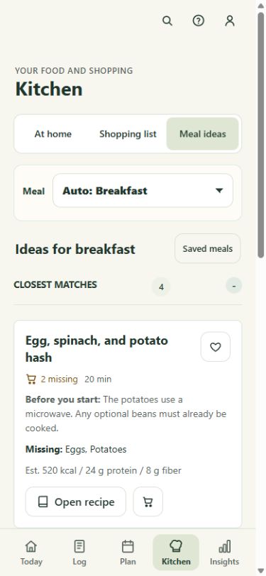 Kitchen meal ideas with recipe details and a list of missing ingredients