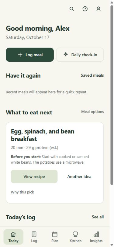 Plate Genius Today screen with Log meal, a breakfast idea, and five simple navigation tabs