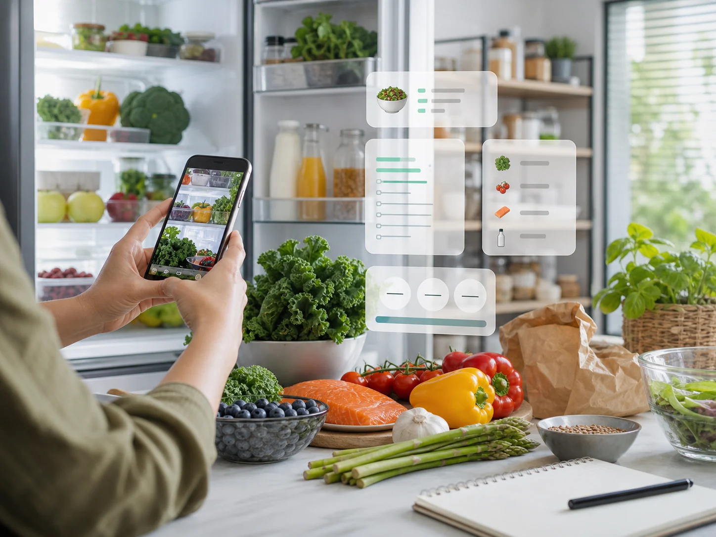 Phone scanning kitchen inventory beside fresh groceries
